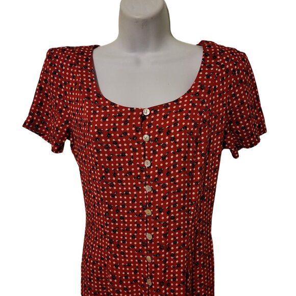 Johnathan Martin 3 Red Floral Polka Dot Maxi Dress Button Down Scoop Neck Cospla - Picture 7 of 8